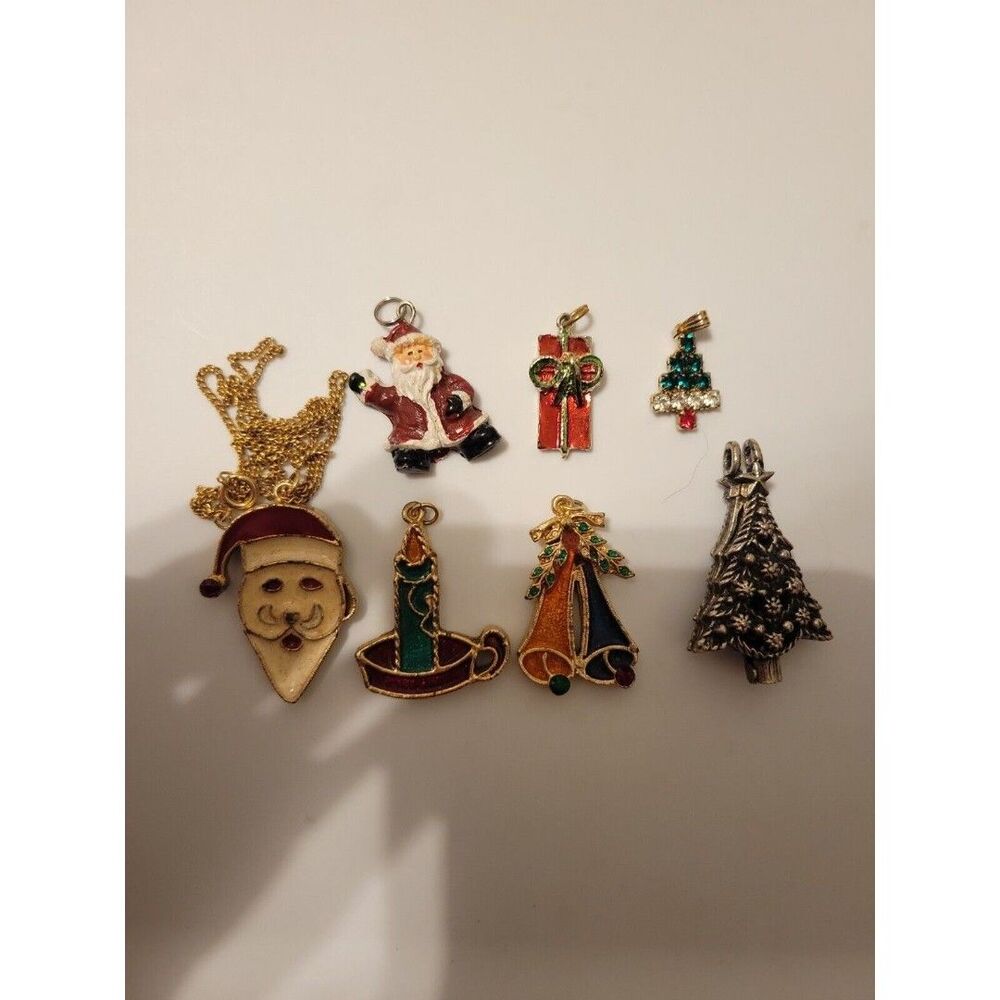 Lot - 7 Vintage Christmas Pendants: Tree, Santa, Bell, Gift, Holiday + Necklace